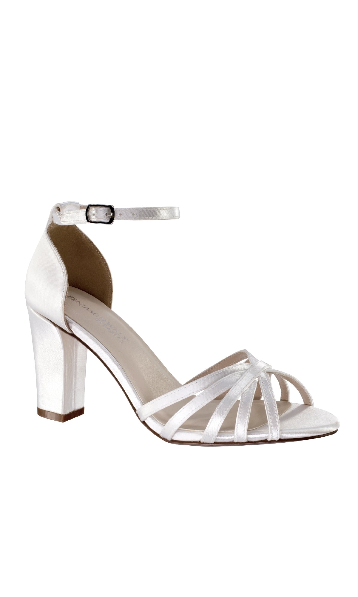 Lauren White Satin Prom Dress Shoes: Dyeables 4557 feature an open toe, crisscross front straps, and a buckle ankle closure, elegantly showcased against a plain white background.